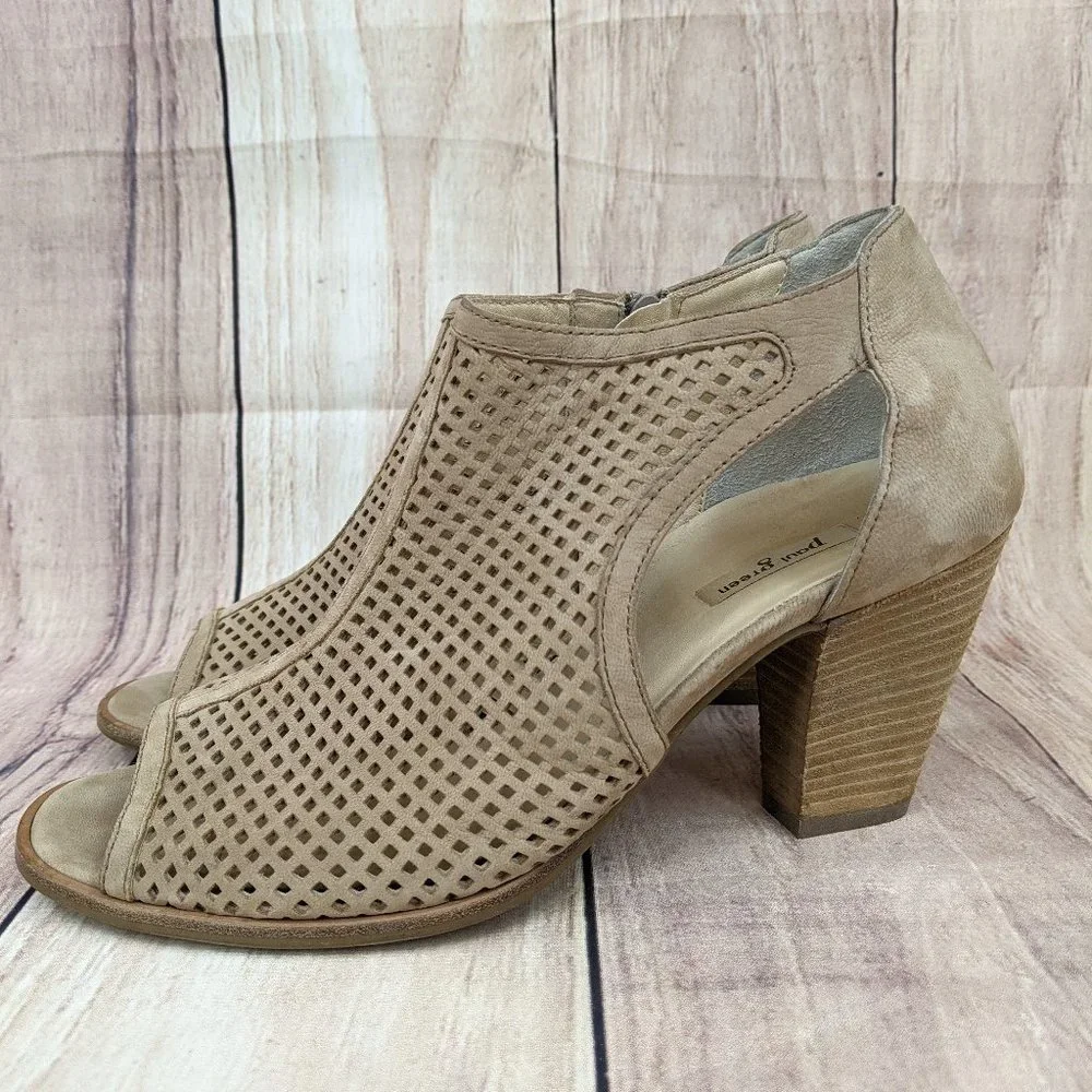 PAUL GREEN Tianna Ankle Bootie Tan Leather Peep Toe Laser Cut Lattice